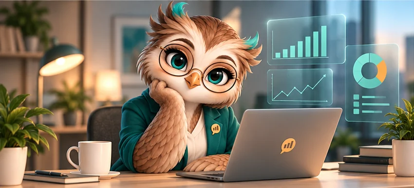 Naly, an owl analyst in glasses and a teal blazer, at her desk with charts